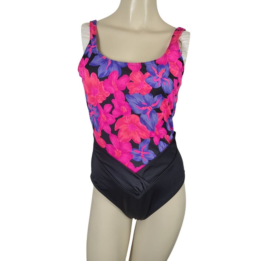 Vintage‎ Secret Solutions one piece Women's Swimsuit pink purple floral black 12 - Picture 2 of 15